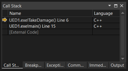A screenshot of the call stack from the Visual Studio debugger