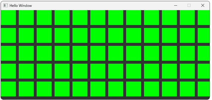 Screenshot showing the program rendering a grid of green rectangles