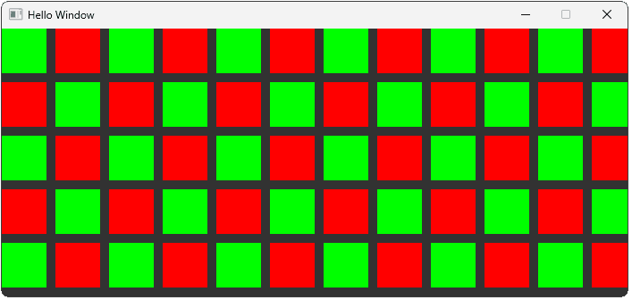Screenshot showing the program rendering a grid of red and green rectangles