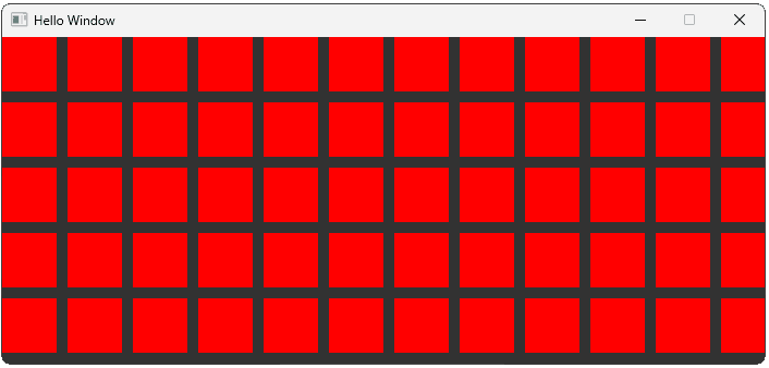 Screenshot showing the program rendering a grid of red rectangles