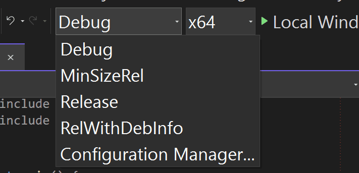 Screenshow showing Visual Studio's build type dropdown