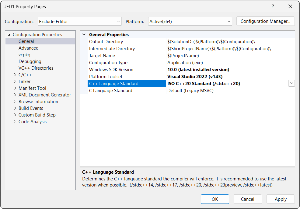Screenshot showing C++ language standard configuration in Visual Studio